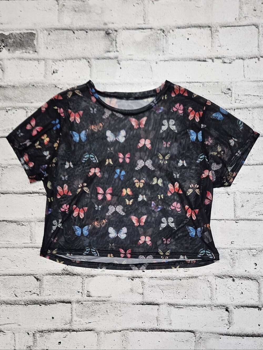 Butterfly Print Sheer Mesh Short Sleeve Top Black 1XL Y2K Layering